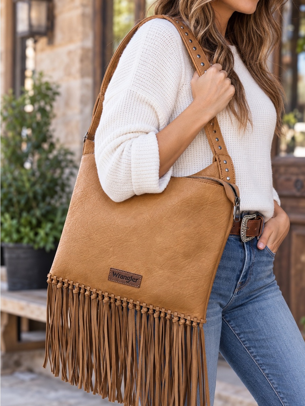 Wrangler Tan Fringe Shoulder Tote with Studded Strap